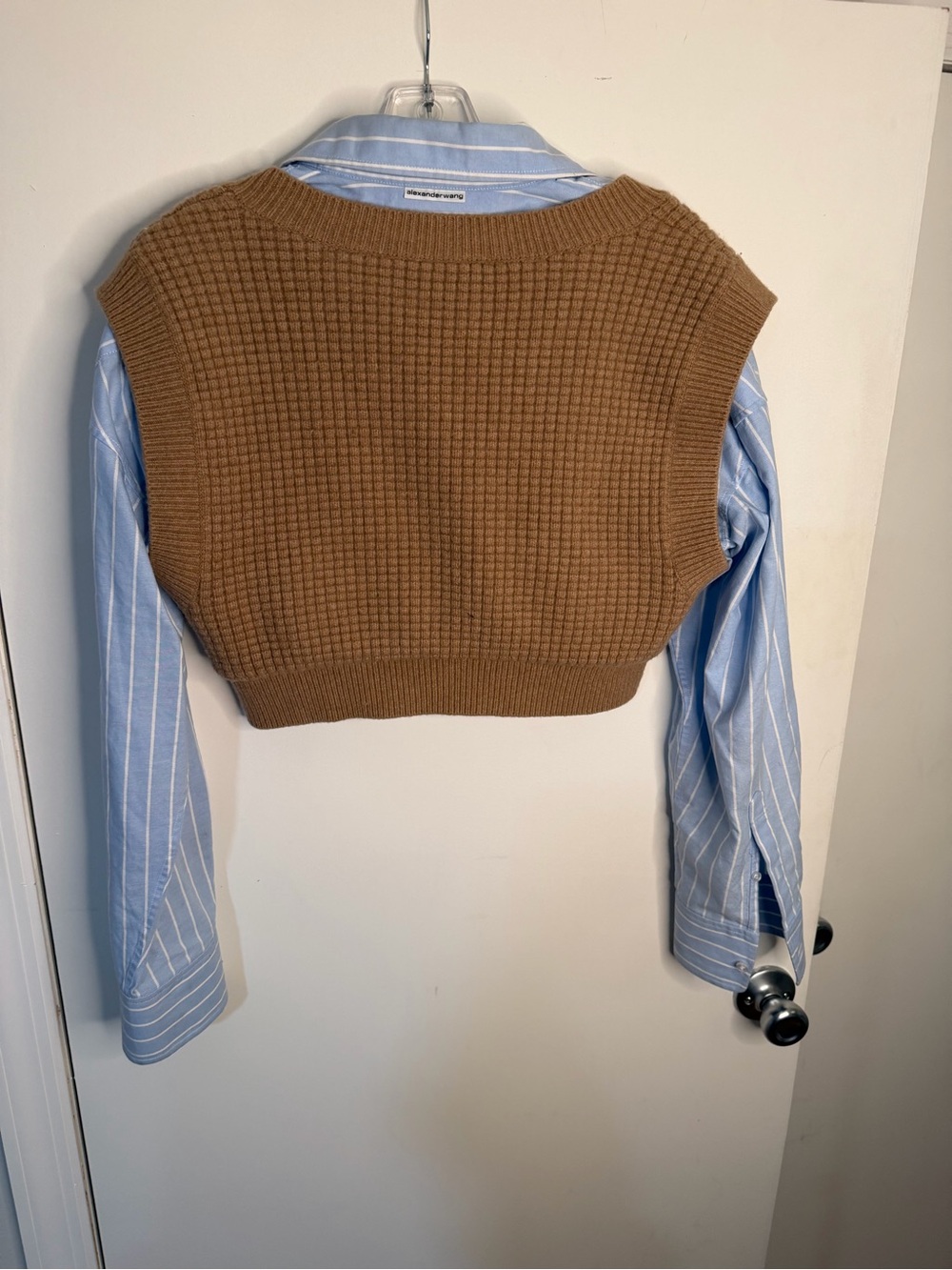 Alexander Wang layered brown knit cropped vest over blue and white button down - Picture 2 of 4